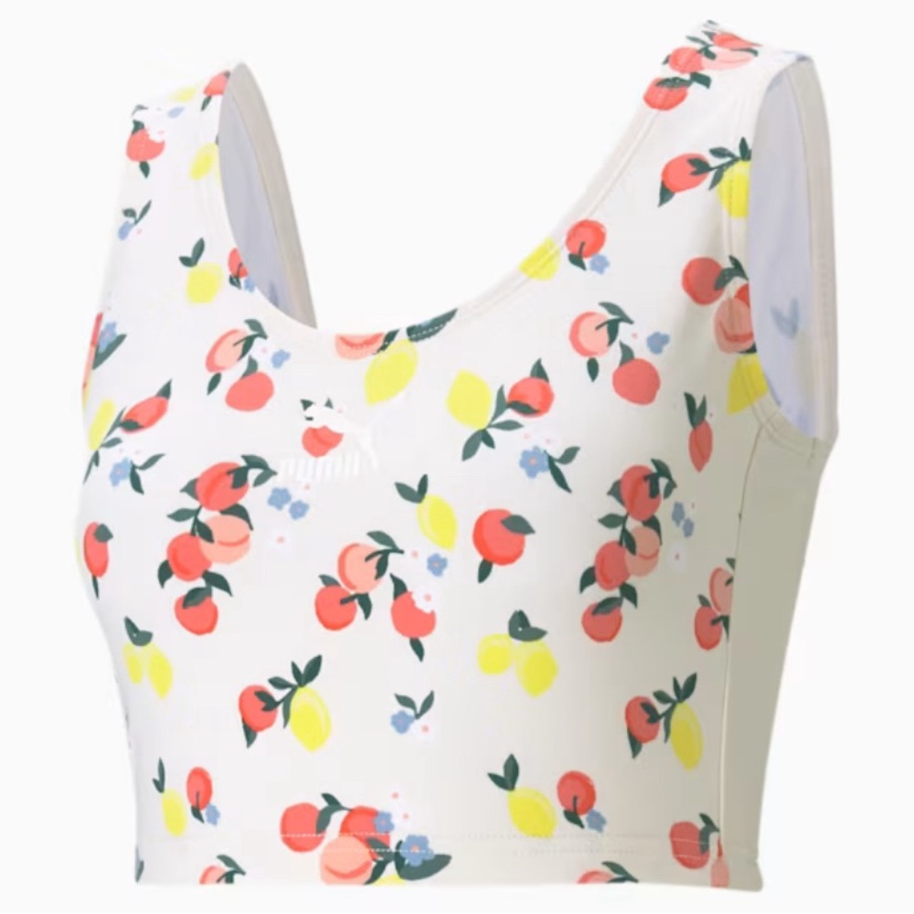 Puma White Crop Top with Coral and Yellow Fruit Print